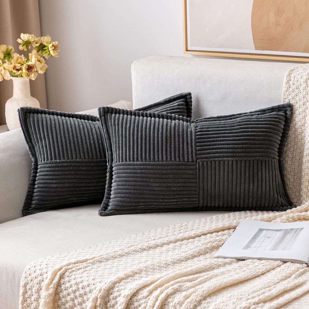 5740 Dark Grey Corduroy Lumbar Pillow Covers 12x20 Inch 12x20 Inch